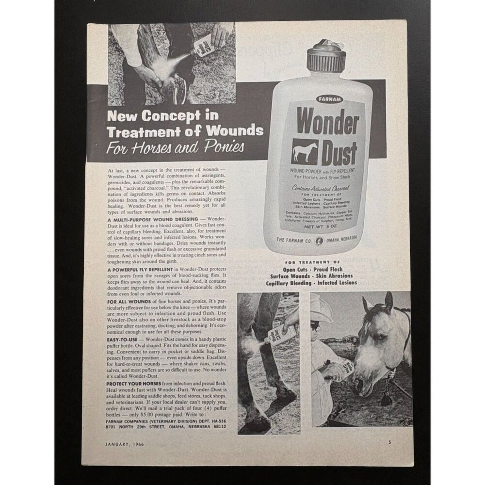 Farnam Wonder Dust Vintage Print Ad 1960s Horse Wound Powder Fly Repellent